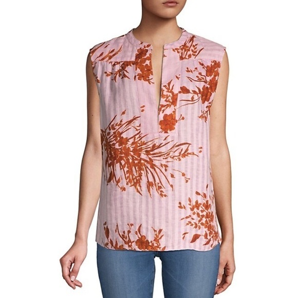 Joie Narumi Floral Sleeveless Split Neck Blouse in Fleur Disle Pink Stripe Small - Picture 1 of 5